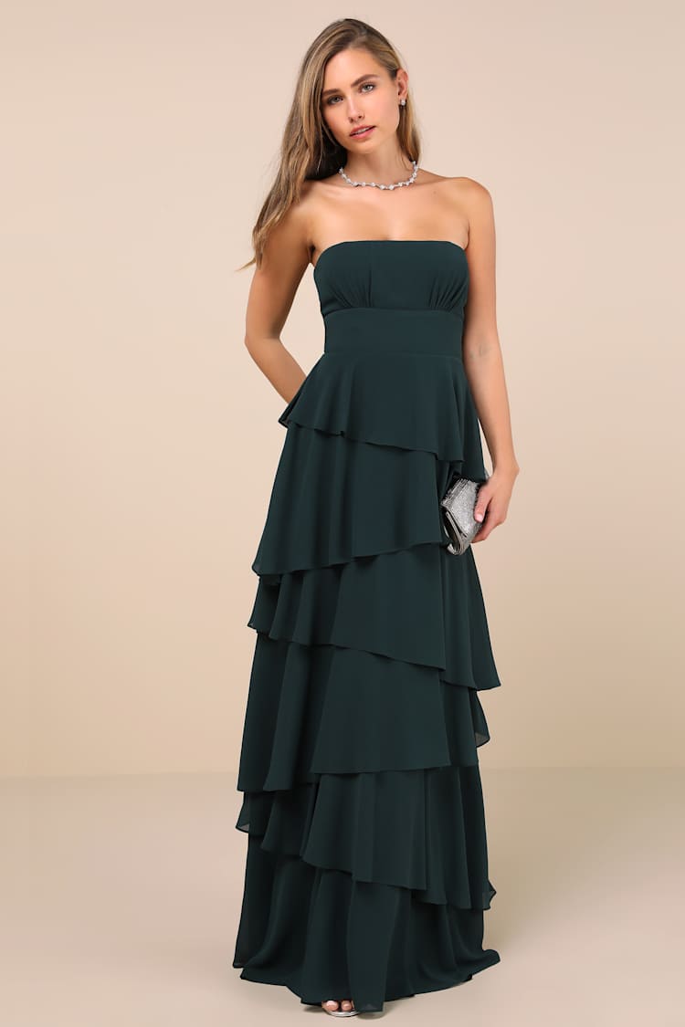 Botanical Tiered Strapless Maxi Dress in Emerald - westharlow