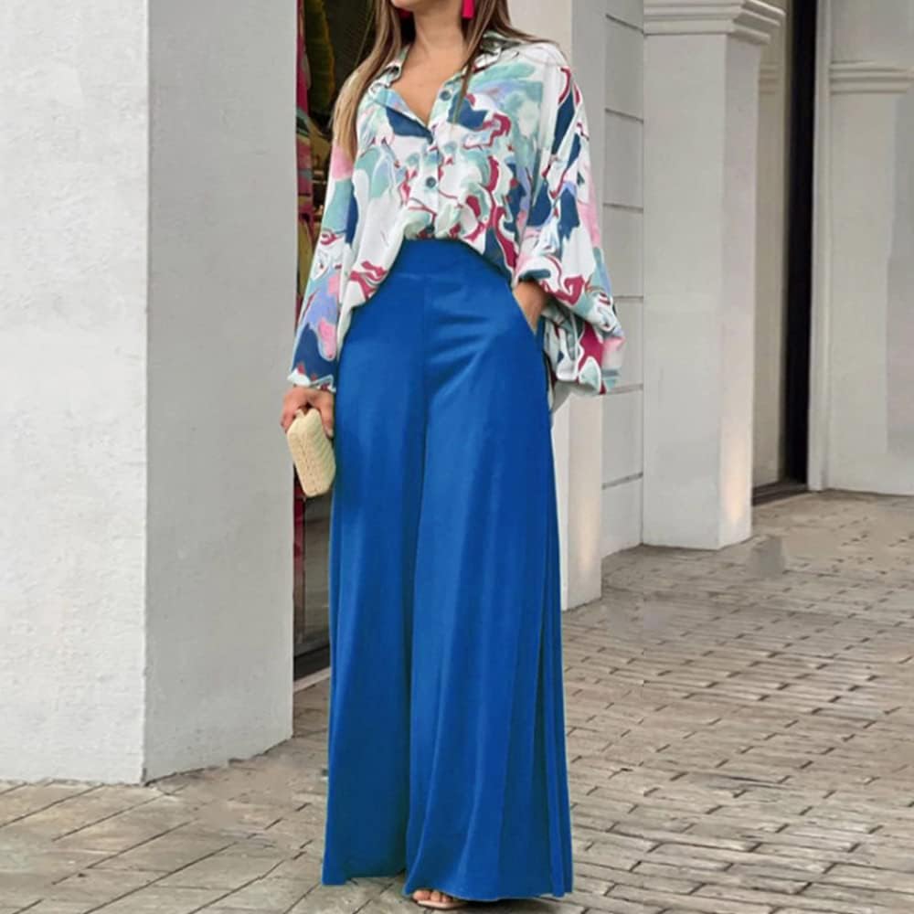 Printed Wide-Leg Trouser Set in Slate Blue - westharlow